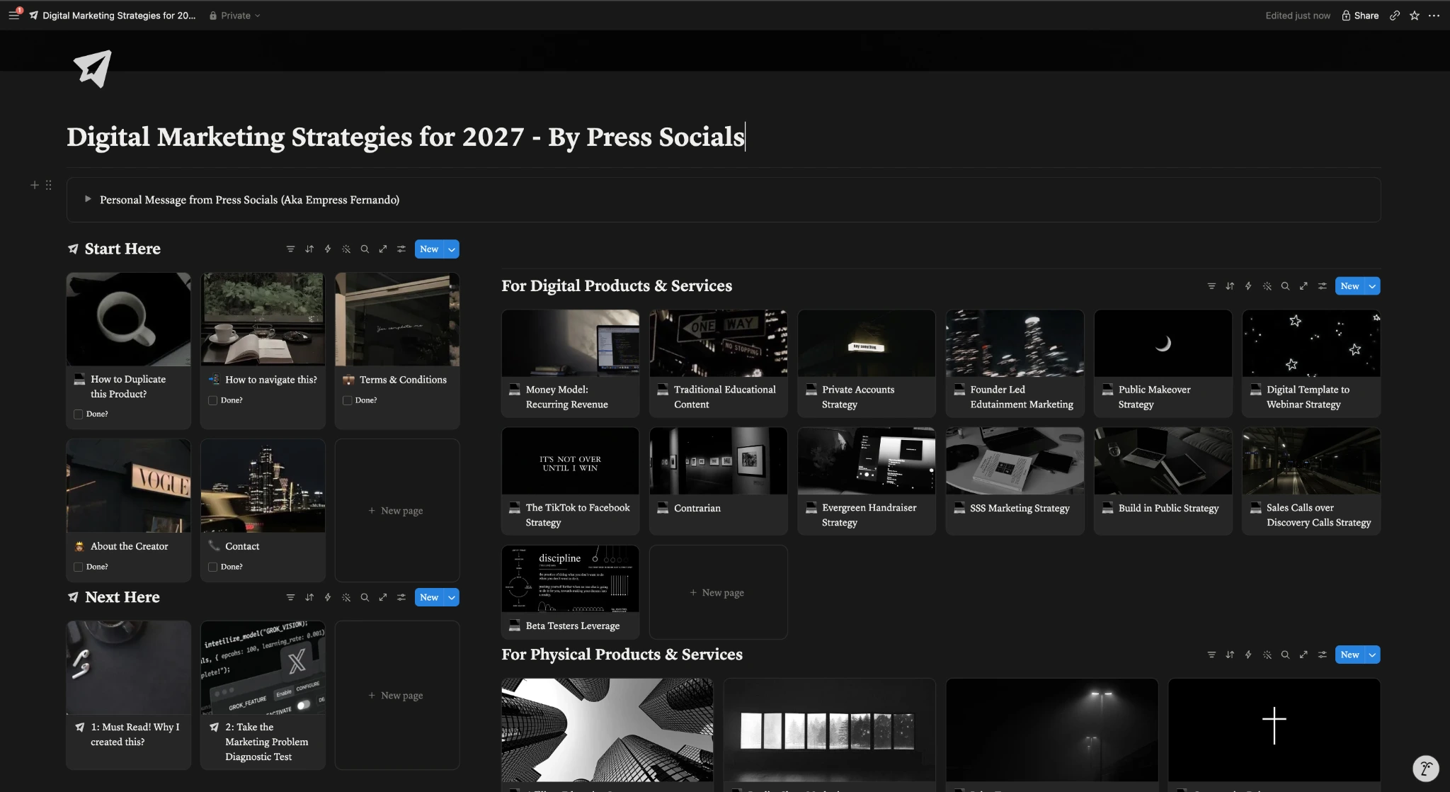 Digital Marketing Strategies for 2027 by Press Socials — actual Notion product dashboard